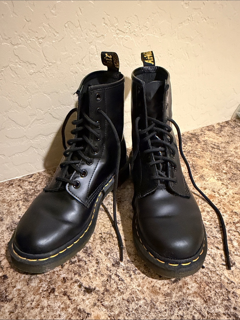 Dr. Martens Black Leather Lace-Up Boots with Yellow Stitching